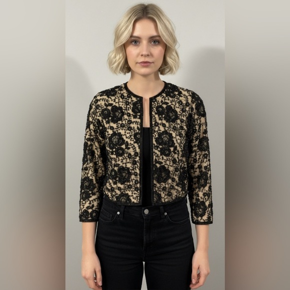 Unbranded Sweaters - NO TAG Vintage Black Lace Beaded Silk Lined 3/4 Sleeve Hook Eye Crop Jacket SM